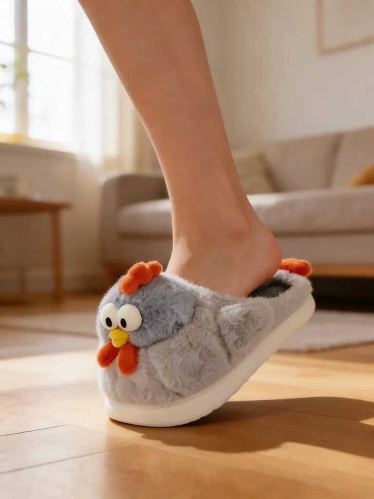 Par de pantuflas Plush para mujer con diseño de gallina color gris, suaves y abrigadas y coloridas