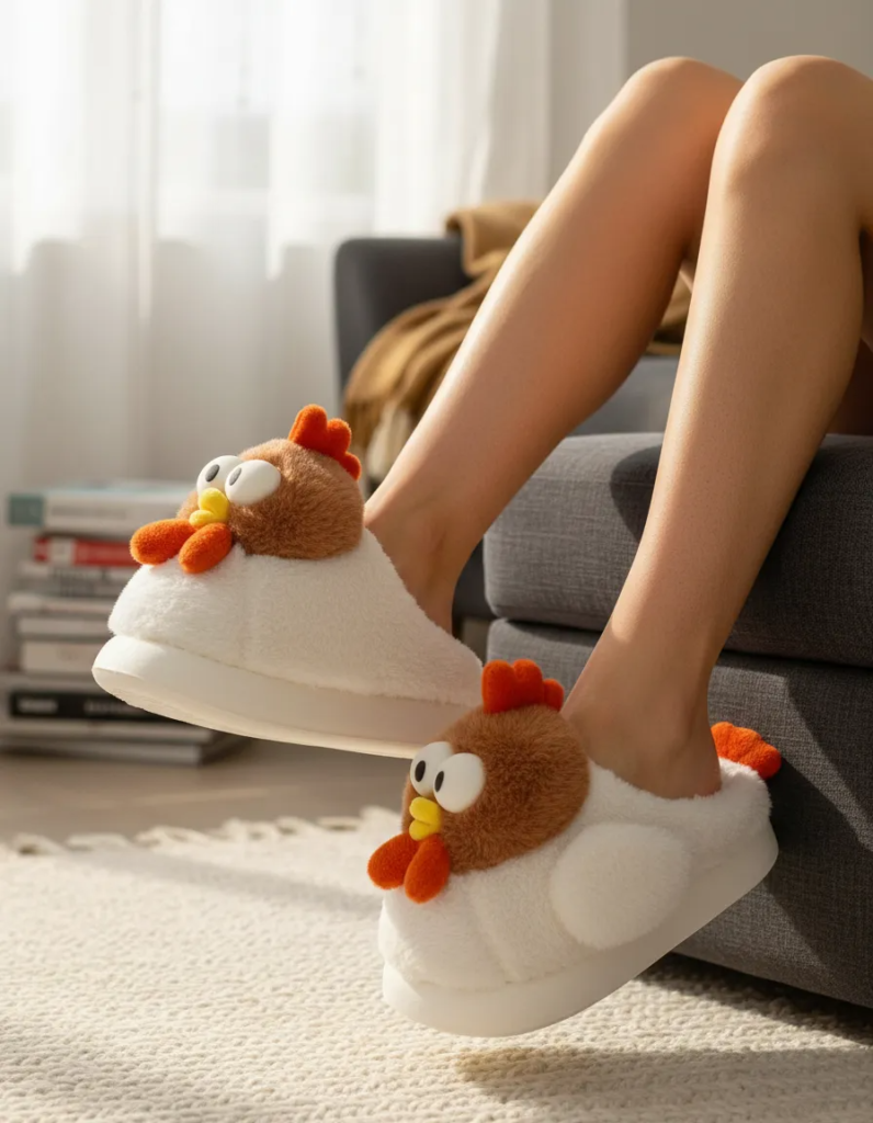 Par de pantuflas Plush para mujer con diseño de gallina color blanco, suaves y abrigadas y coloridas