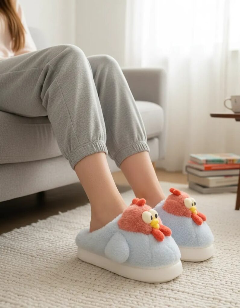 Pantuflas de plush para mujer con diseño de gallina color celeste, suaves y abrigadas